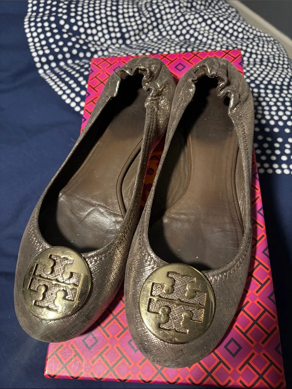 Tory Burch Metallic Bronze Logo Ballet Flats